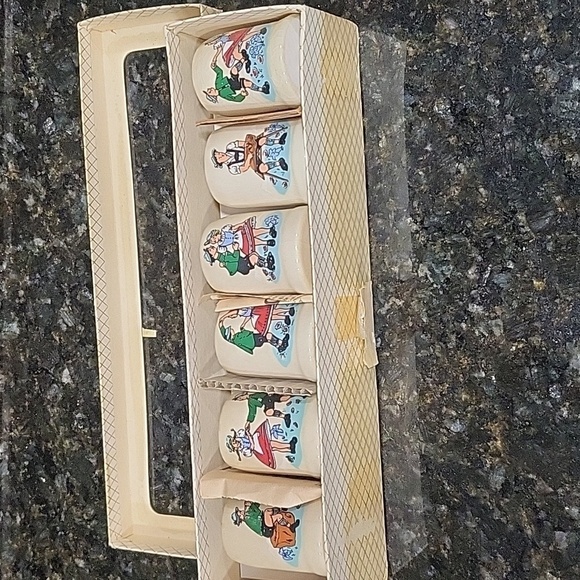 Vintage Six Pottery Shot Glasses Mugs Scenes of Jungs and Madels W Germany - Picture 1 of 9